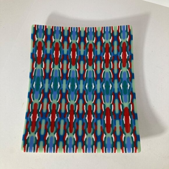 Tapestry Fused Art Glass Curved‎ Trinket Tray Plate Red Green Blue White 7.5 x 9 - Picture 4 of 6